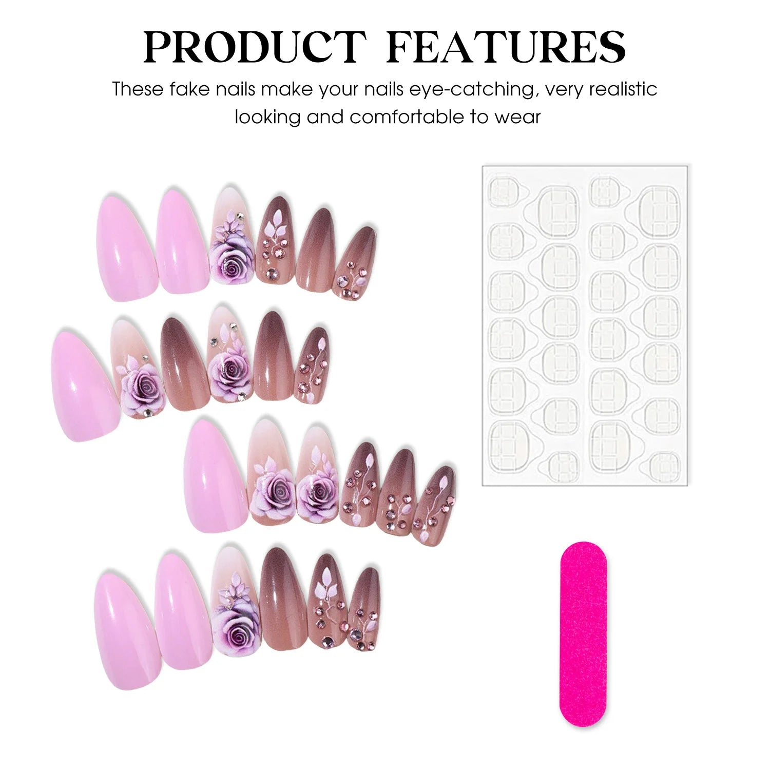 Purple Flower Press on Nails 24Pcs Almond/Coffin Wearable Fake Nails Flower Printed Woman DIY Manicure Acrylic False Nails Tips