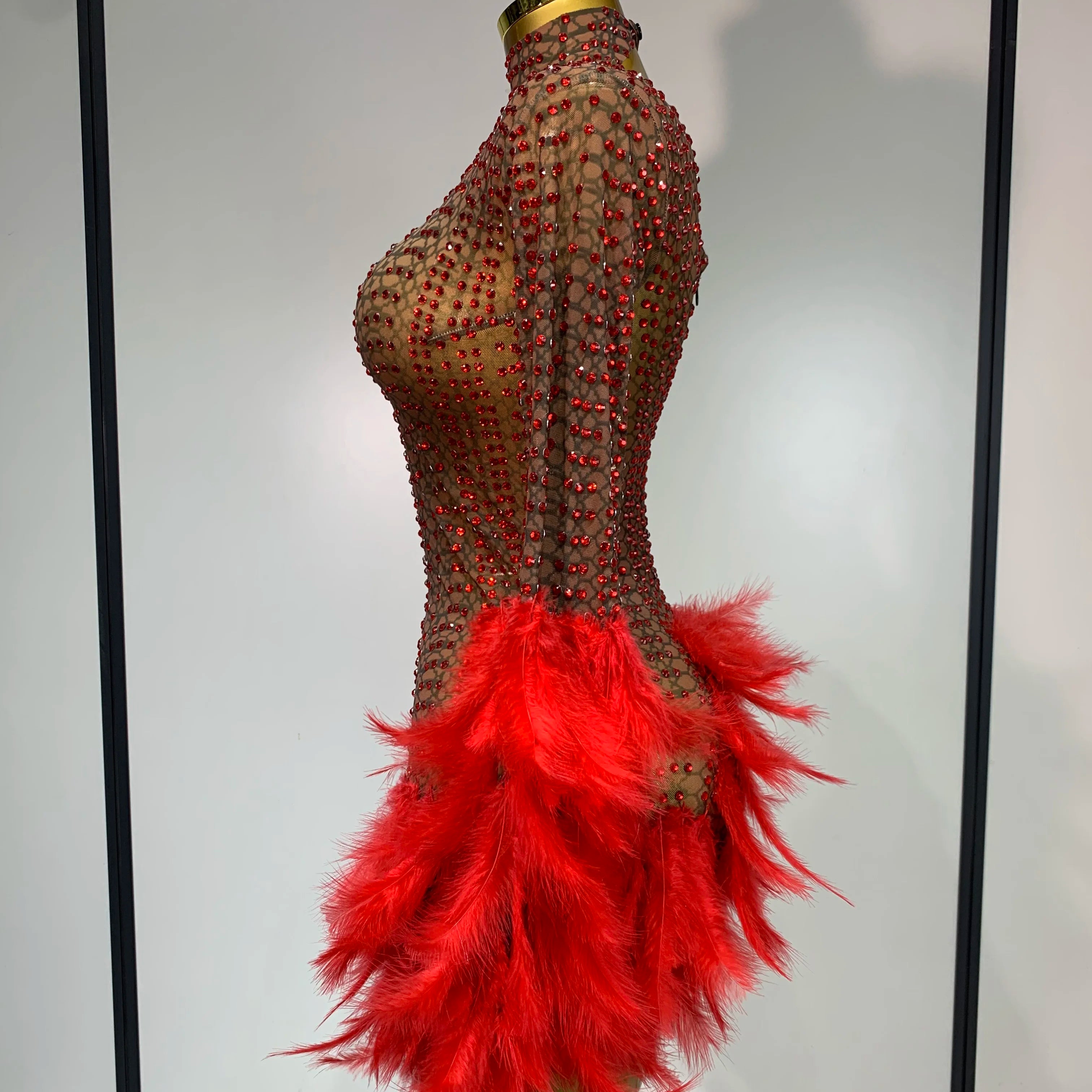 Women Luxury Birthday Dress Rhinestones Mesh Feathers Bodycon Mini Celebrity Evening Club Party Dress Nightclub Stage Outfit