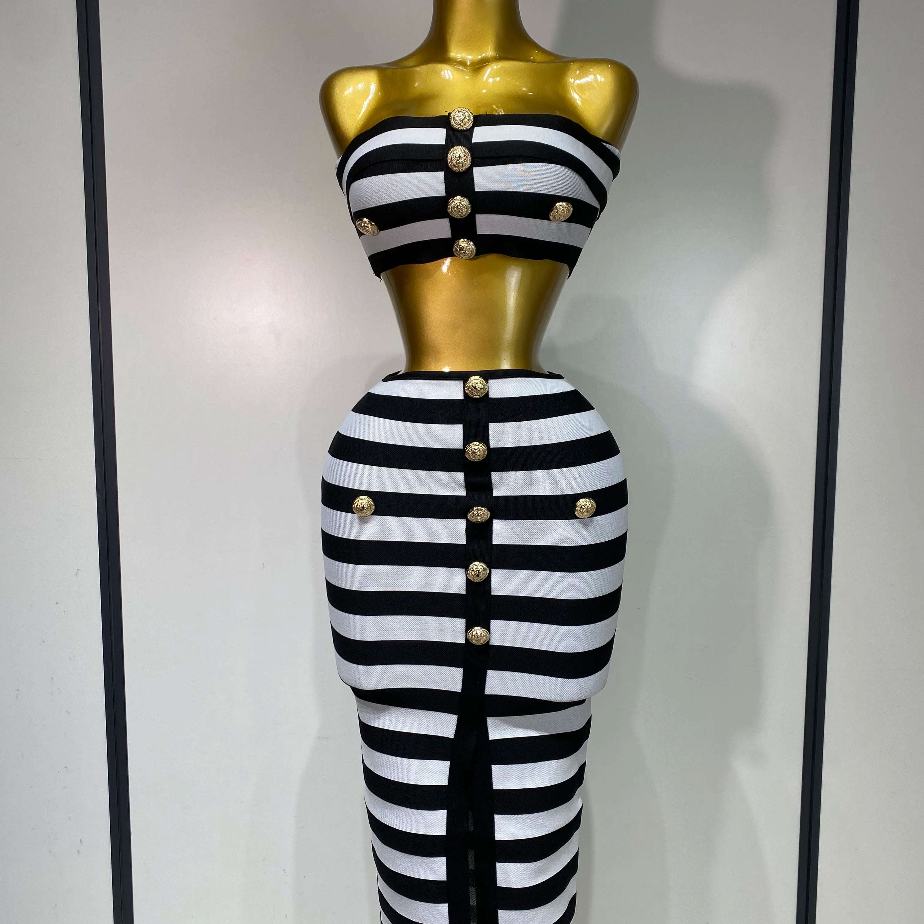Women Sexy Off Shoulder Striped Button Two Piece Mini Bandage Set 2025 Celebrity Designer Evening Party Luxury Birthday Outfit black