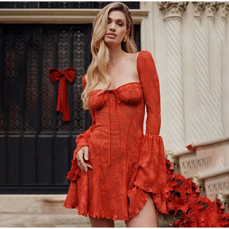 Vintage High Waist Lace A Line Mini Dress Women Elegant Spliced Flare Sleeve V Short Dresses Fashion Valentine's Day Party Robes