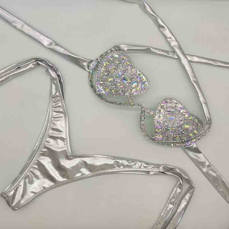 Rhinestone Bikini Sexy Women Swimwear 2024 Newest Push Up Female Swimsuit Manual Crystal Diamond Bathing Suit Silver