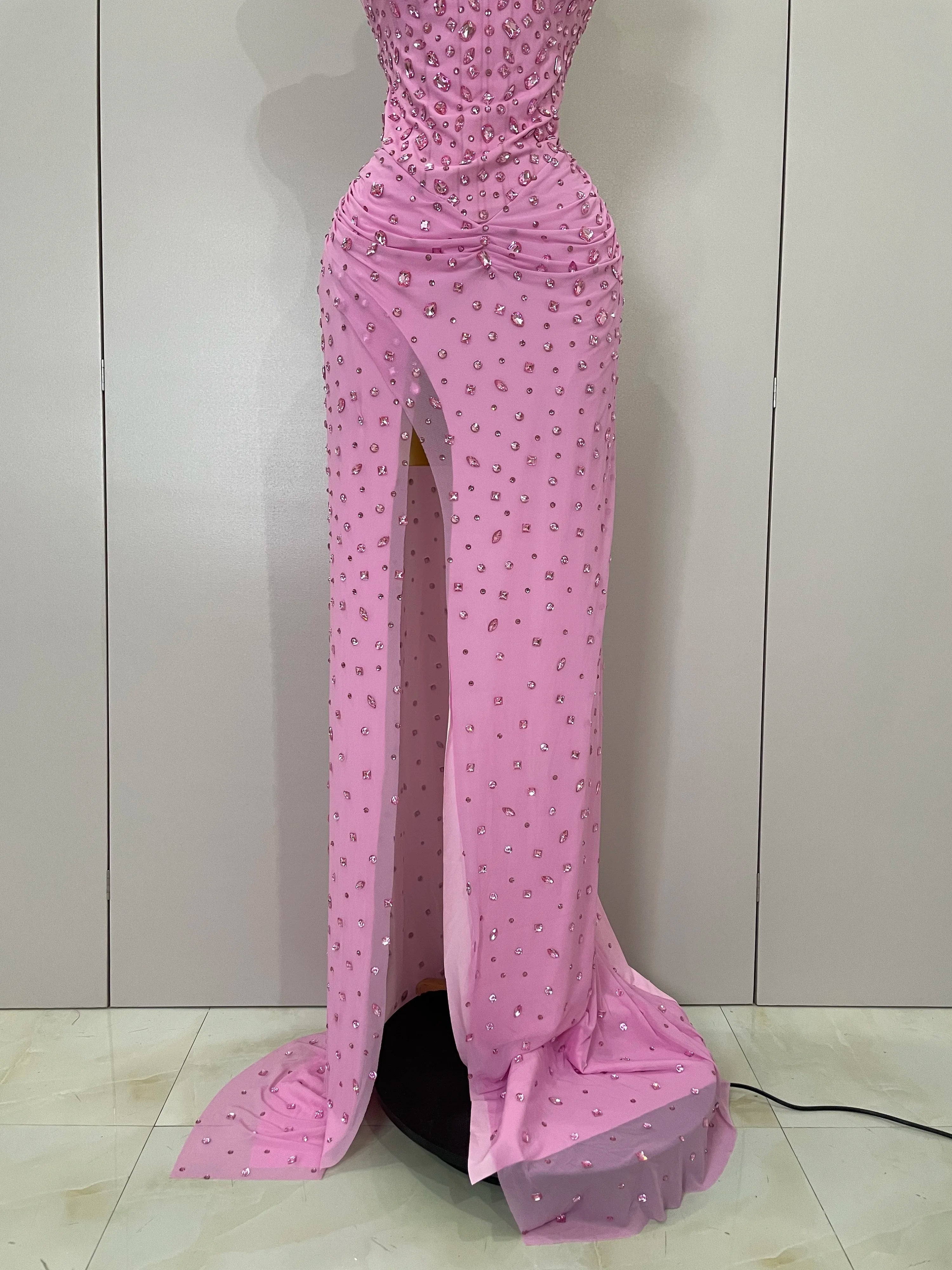 Luxury Pink Rhinestones Split Floor Length Dress 2025 Women Sexy Evening Celebrate Birthday Party Dress Photoshoot Stage Wear