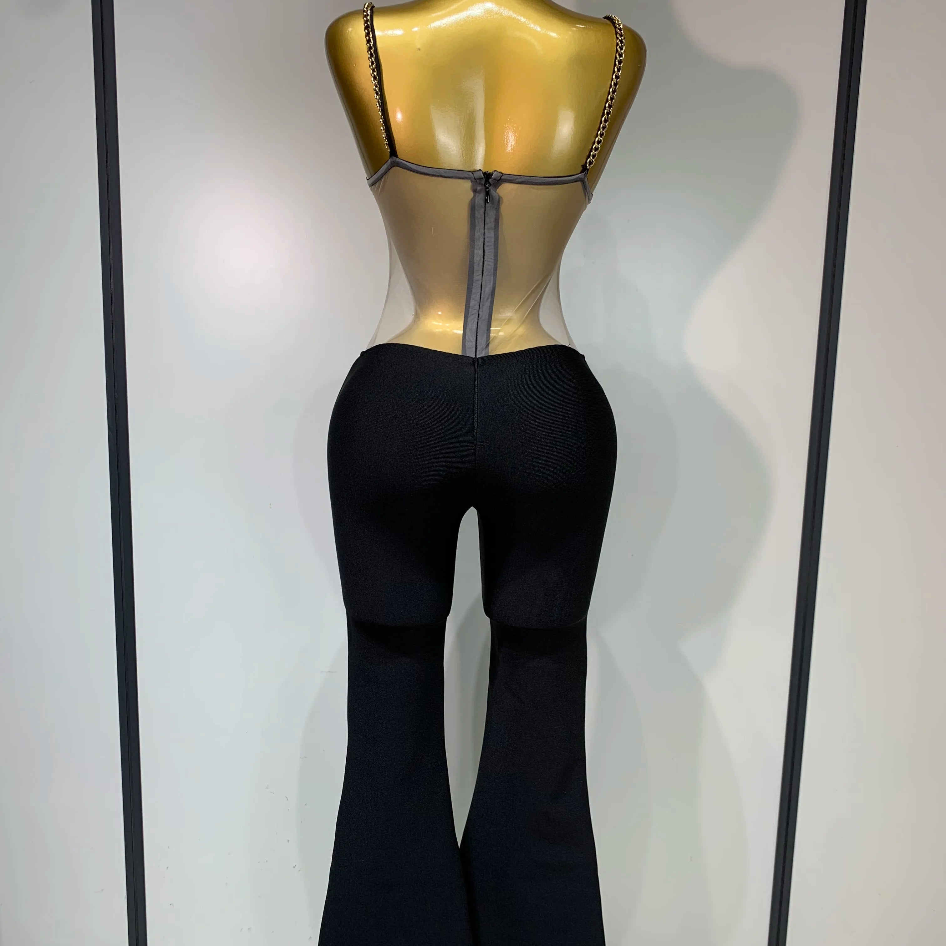 Women Luxury Sexy Sleeveless Mesh Chain Black Bodycon Bandage Jumpsuit 2025 Fashion Party Celebrity Designer High Street Rompers
