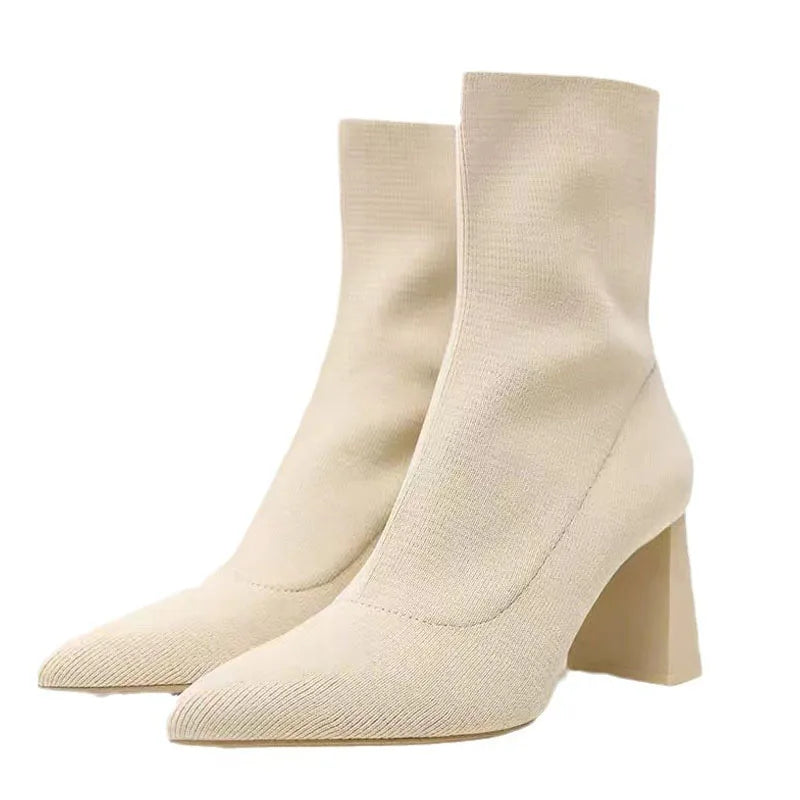 TRAF 2023 Black Boots Women Elast Ankle Boots Woman Autumn Short Boots Woman Heeled Shoes Knit Sexy Pointed Toe High Heels Shoe Ivory