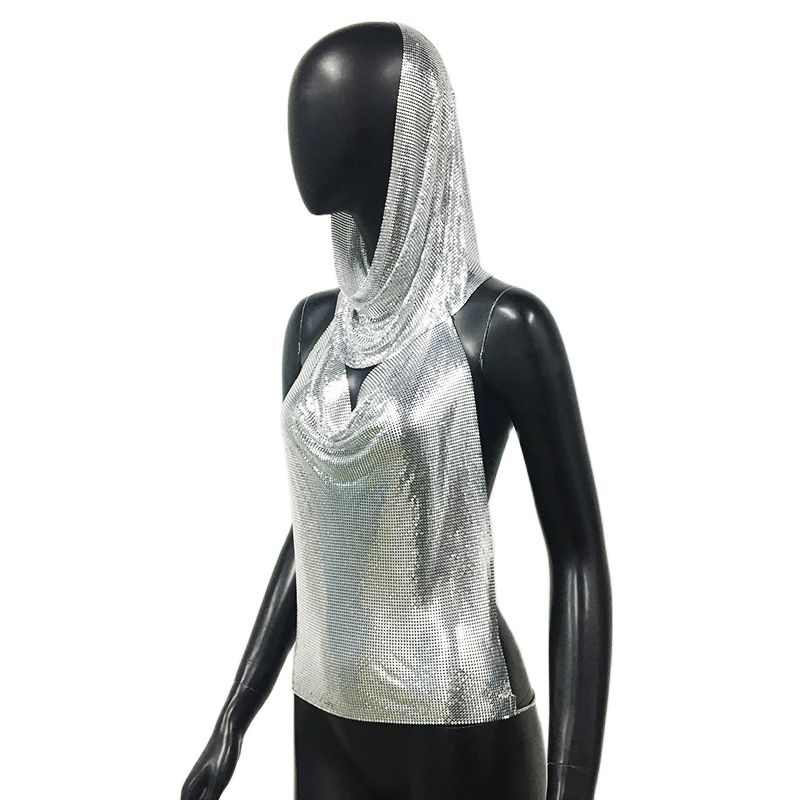 Women Metal Sequins Tank Top With Turban 2 Piece Sexy V Neck Backless Suspender Top Rave Festival Party Nightclub Camisole