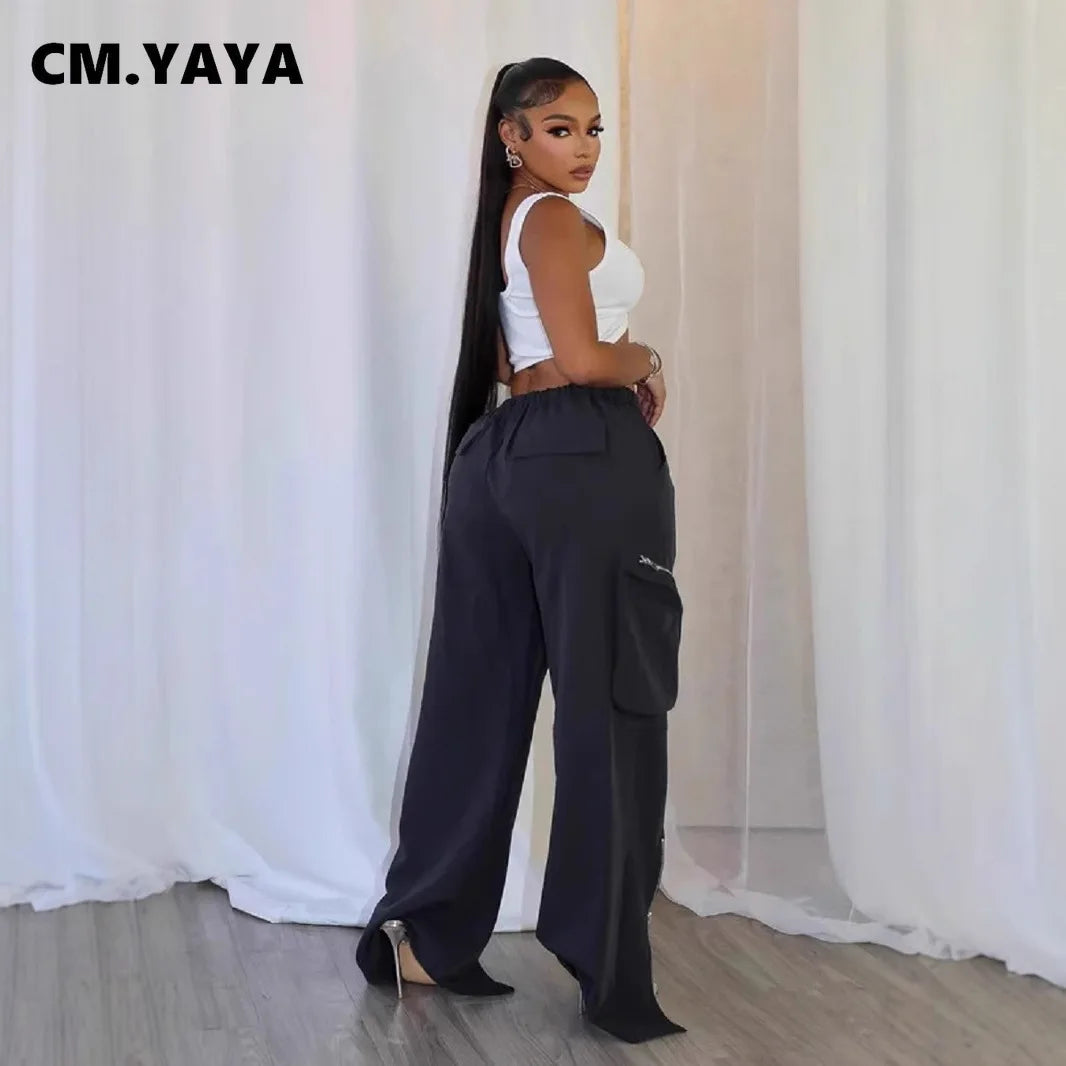 Women Fashion Zipper Pocket Side Zip Fly Split Hem Wide Leg Safari Style Pants 2025 Drawstring Summer Cargo Trousers