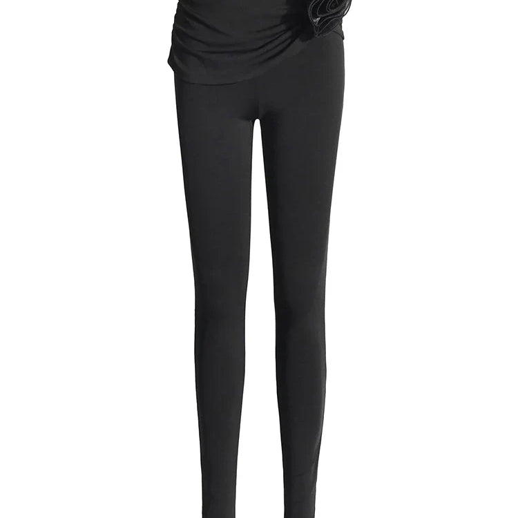 Slim Two Piece Set For Women Swinging Collar Long Sleeve Top High Waist Spliced Appliques Pant Casual Sets Female BLACK PANT