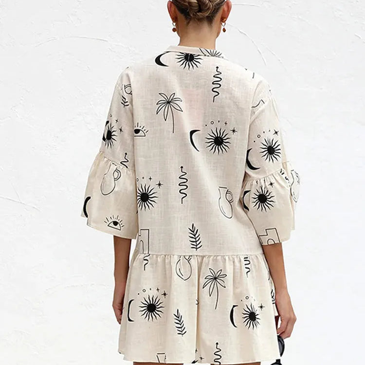 Print Flare Sleeve Ruffled Mini Women's Dress Elegant Shirt Collar Button Vestidos Spring Casual Loose Beach Female Dresses