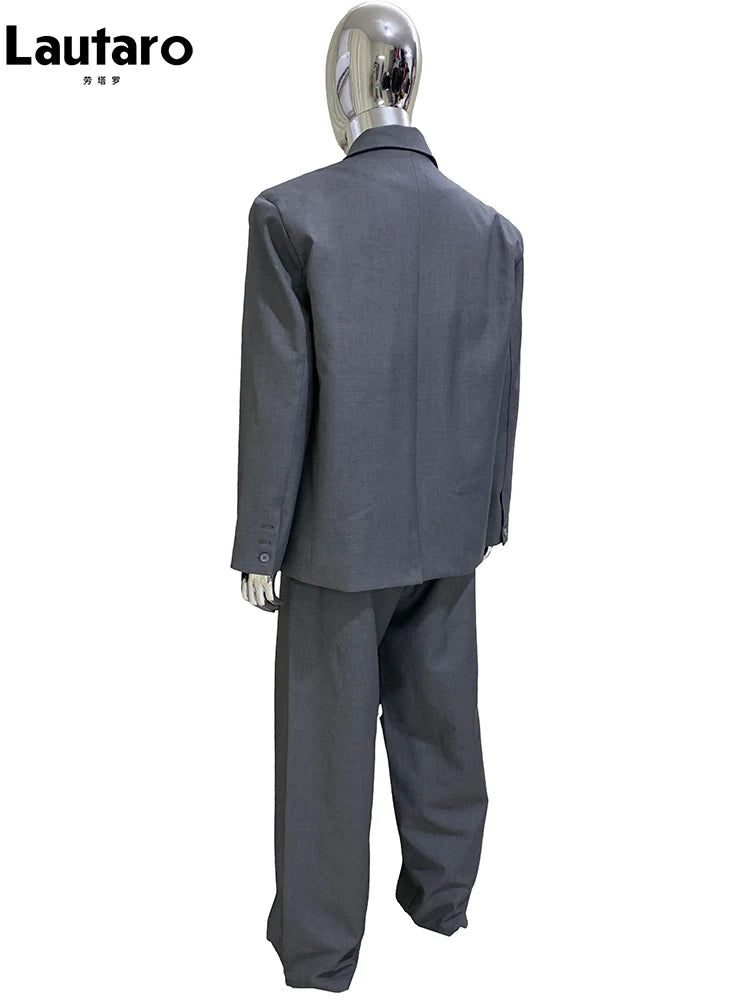 Lautaro Autumn Oversized Gray Blazers for Men Peaked Lapel Shoulder Pads Double Breasted Loose Luxury Designer European Clothes