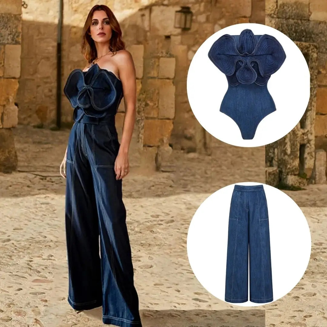 New Off Shoulder 3D Flower denim printed One piece Swimsuit set Shiny Women Swimwear Beachwear bikinis bathingsuit