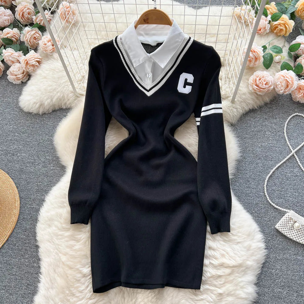 Women Dress Autumn Winter Casual Fake Two Piece Set Long Sleeve Knitted Dress Korean Fashion Mini Dress Vestidos black One Size