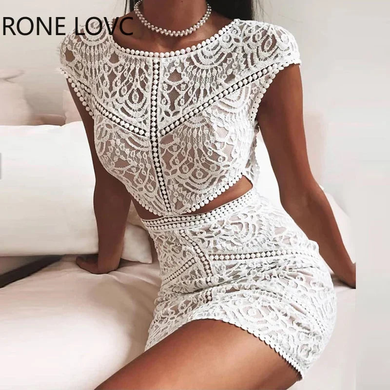 Women Solid Crochet Lace Mesh Mini Dress Elegant Fashion Chic Dress Bodycon Dress