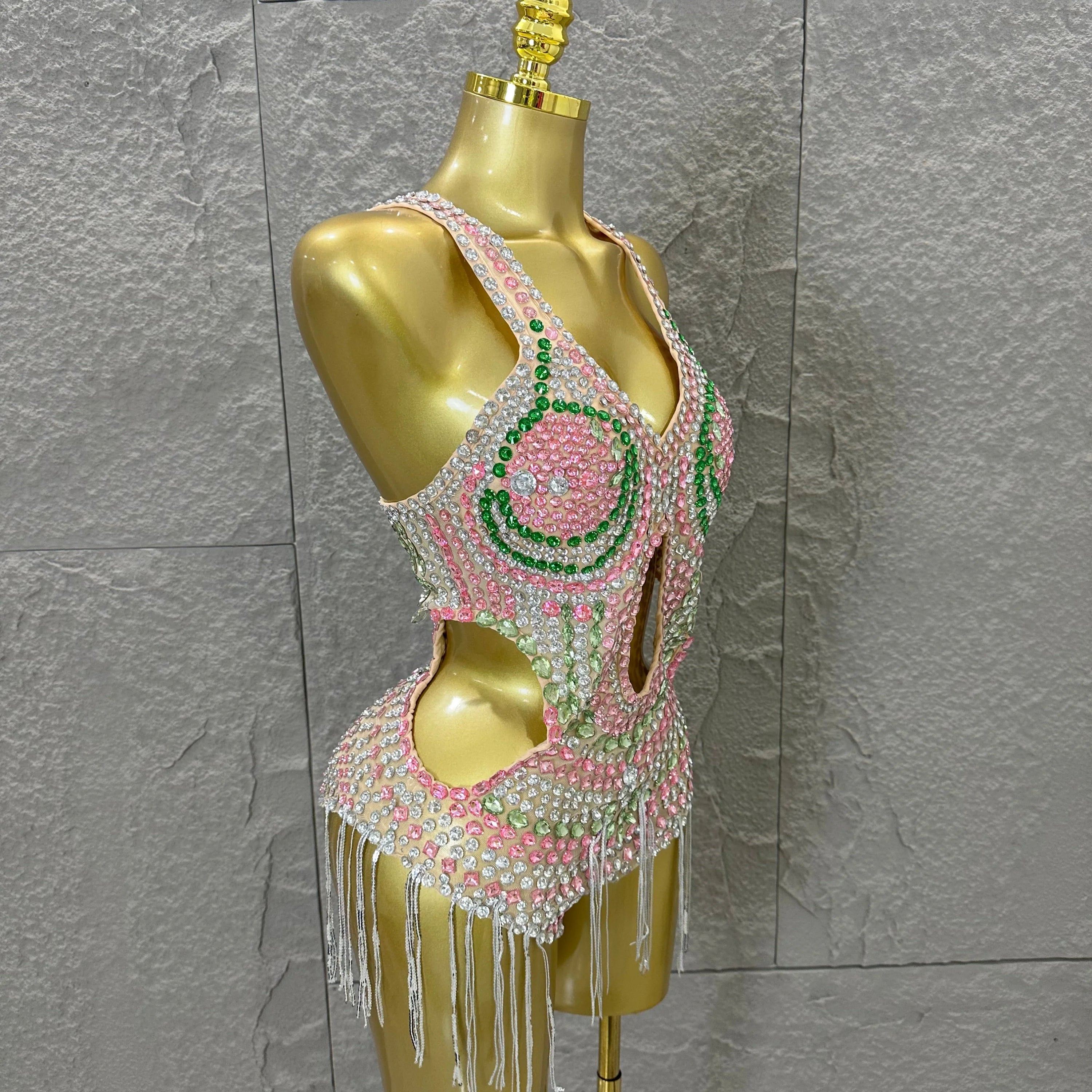 Sexy 2026 Crystal Bodysuit Women Sexy U-Neck Sheer Mesh Cutout Rhinestone Fringe Bodycon Outfit Nightclub Party Costume