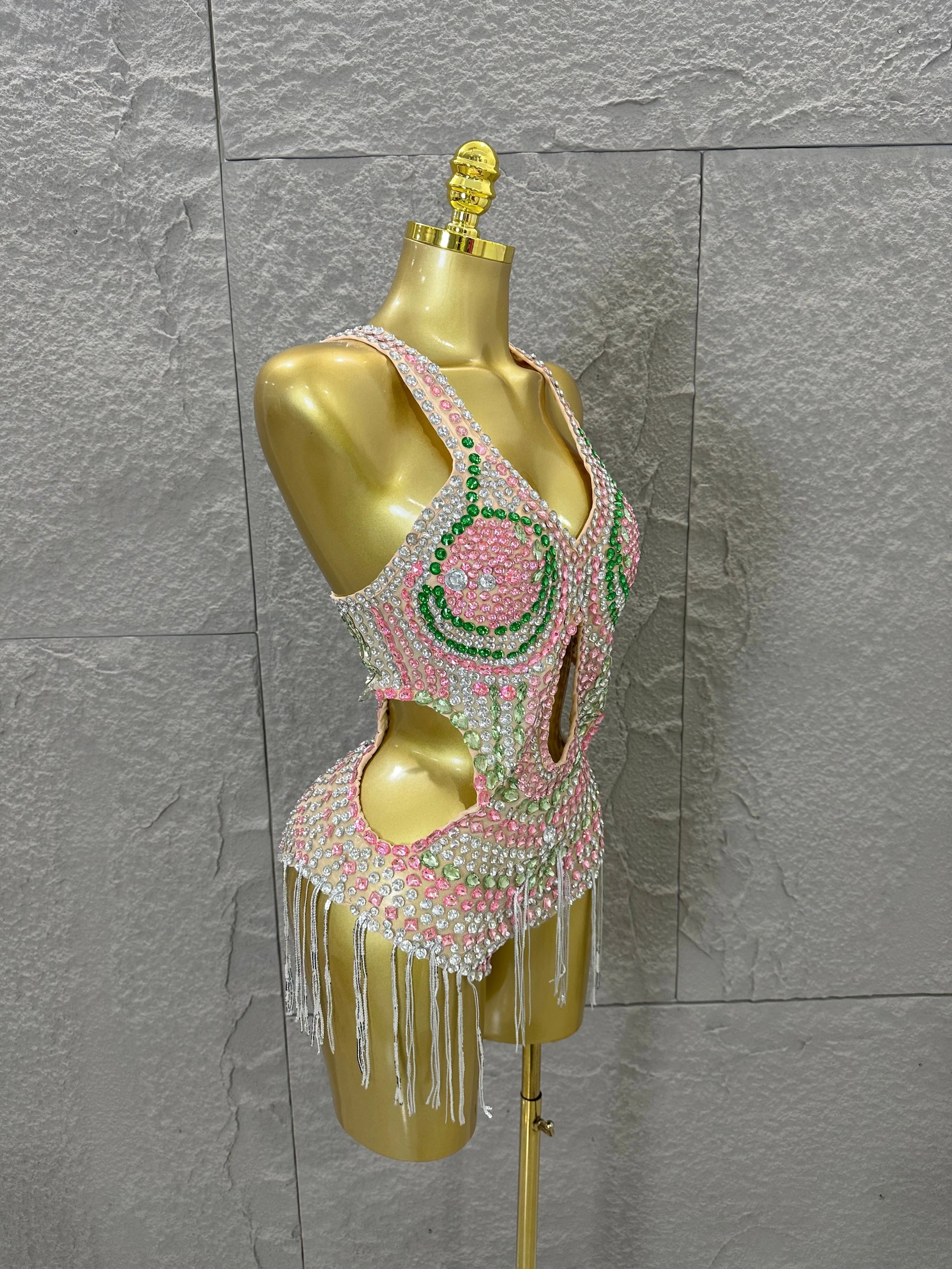 Sexy 2026 Crystal Bodysuit Women Sexy U-Neck Sheer Mesh Cutout Rhinestone Fringe Bodycon Outfit Nightclub Party Costume