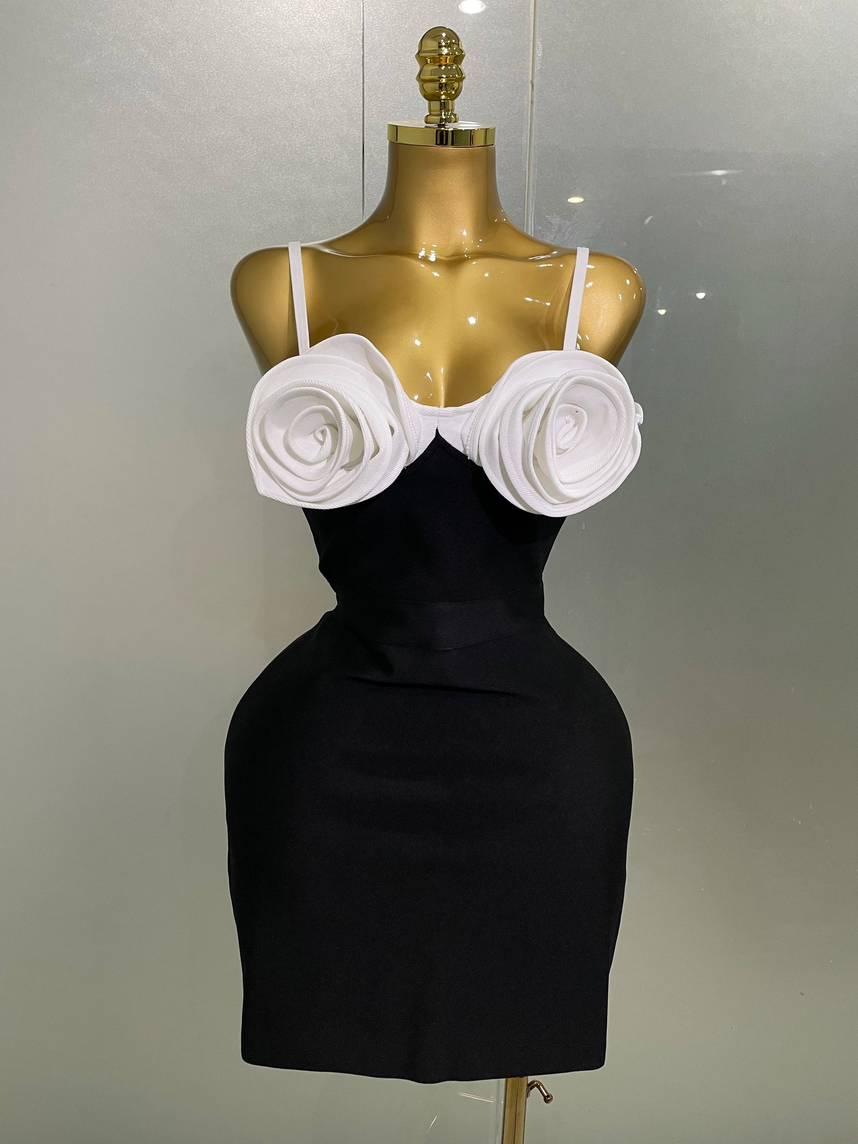 Women 2025 New Celebrity Sexy Sleeveless 3D Flower Patchwork Mini Bodycon Bandage Short Dress Elegant Evening Club Party Dress black