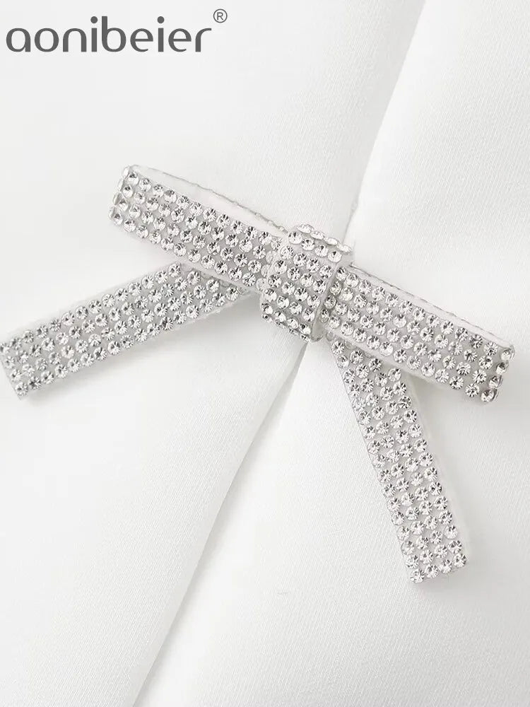 Aonibeier Y2K Black White Women Camis Traf Summer Diamonds Bow Hollow Out Sleeveless Backless Slim Halter Female Crop Top