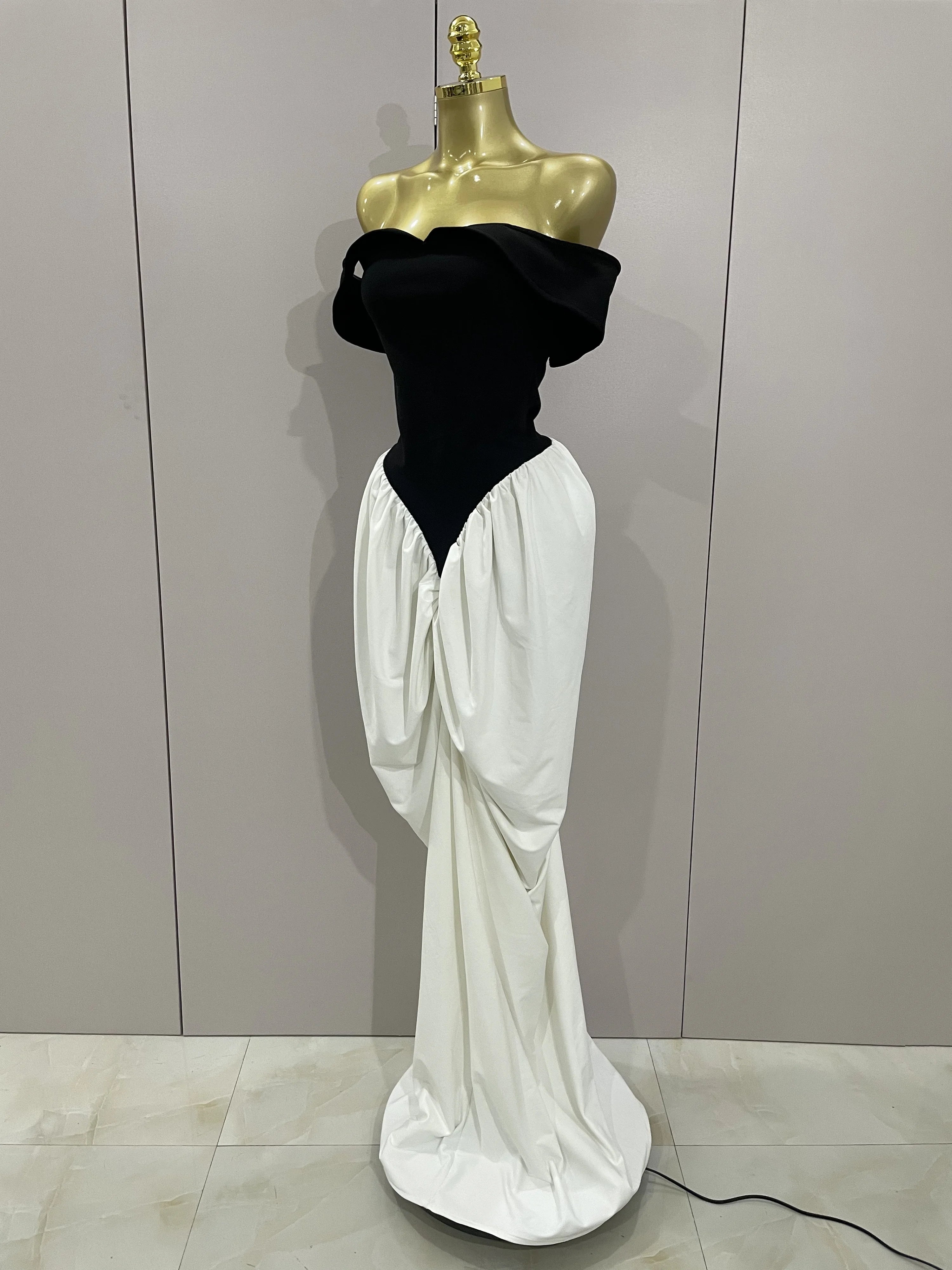 Sexy V Neck off-The-Shoulder Black And White Splicing Mermaid Floor-length dress 2025 Women Formal Evening Birthday Party Dress