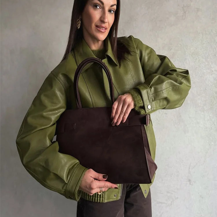 Green PU Leather Jacket Women Retro Laple Zipper Loose Full Sleeve Oversized Coat Female 2025 New Fashion Lady Solid Streetwear