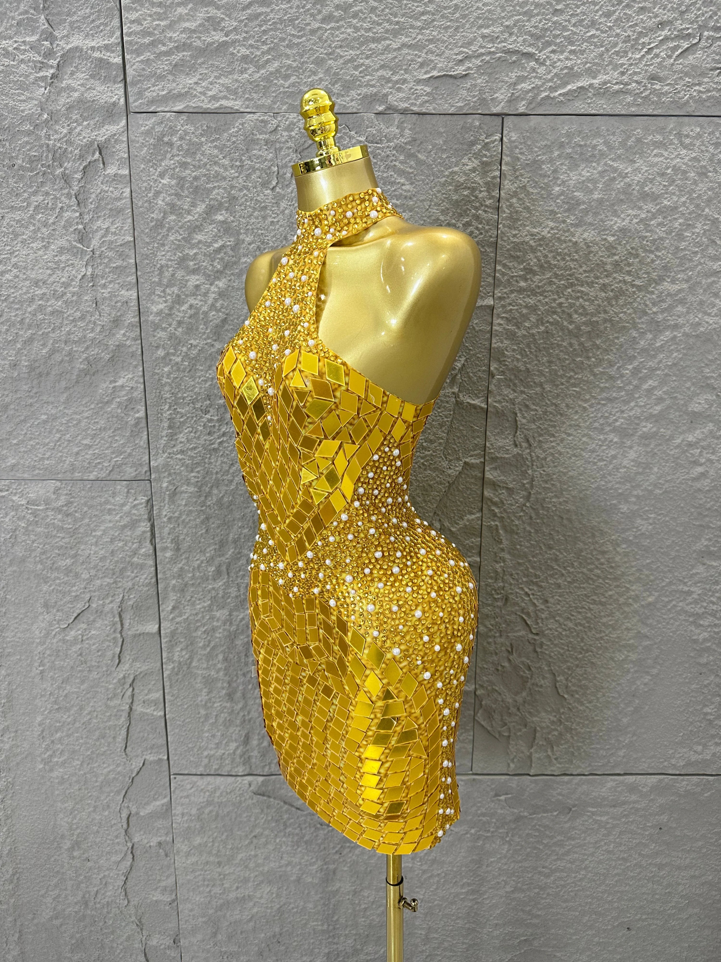 Luxury Gold Halter Neck Mini Dress Diamond Mirror Pearl Beaded Bodycon Nightclub Party Clubwear Outfit