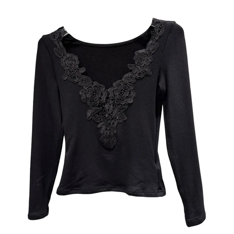 Winter New Fashion V-neck Lace Embroidery Collar Edge Shoulder Pad Base T-shirt For Women Slim Fit Top Female 11A07756