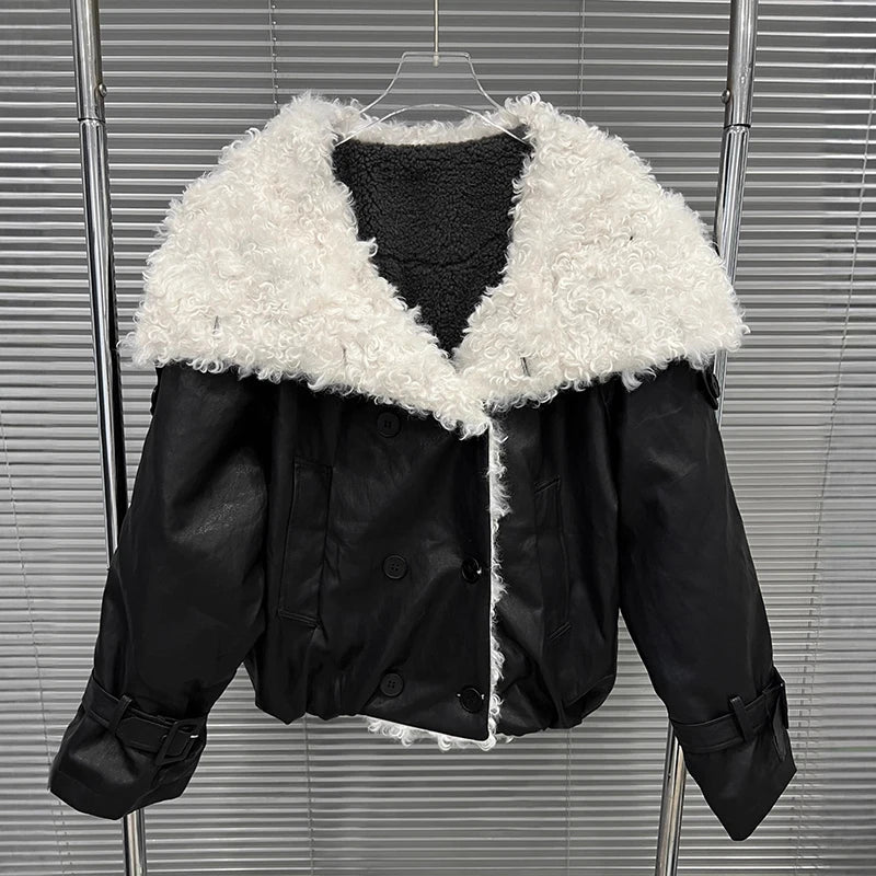 Autumn Winter New Niche Design Lamb Wool Patchwork Warm Leather Jacket For Women Loose Double-breasted Coat 11A07816 Black One Size