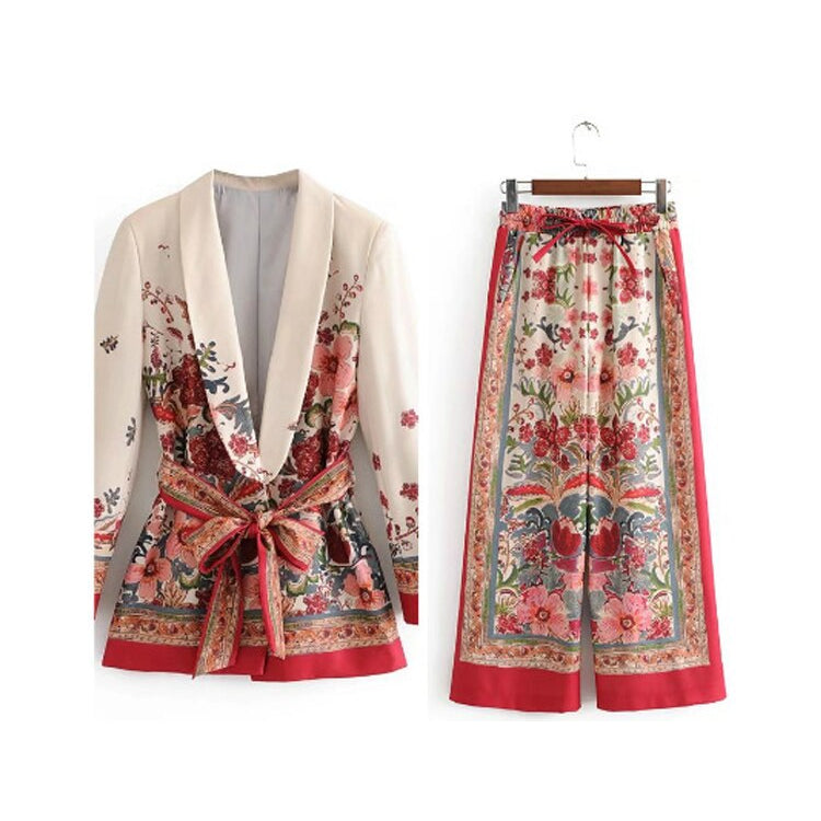 Retro Flower Printed Blazer Suits For Women Spring OL Casual Long Sleeve Jacket Wide-Leg Pants Female Trendy 2 Piece Sets Outfit
