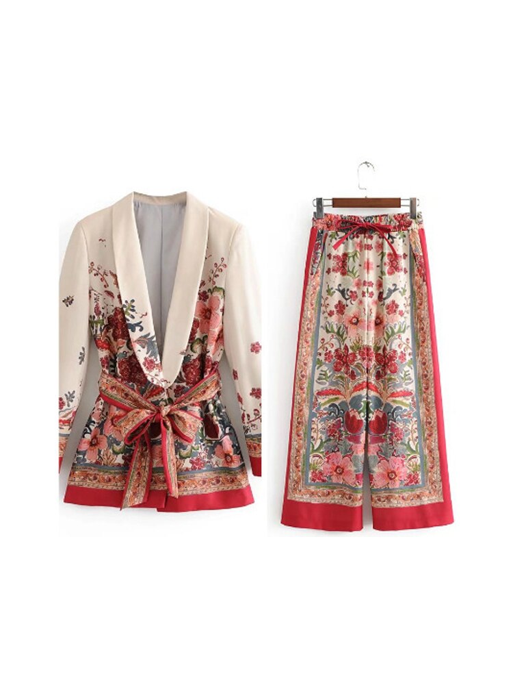 Retro Flower Printed Blazer Suits For Women Spring OL Casual Long Sleeve Jacket Wide-Leg Pants Female Trendy 2 Piece Sets Outfit
