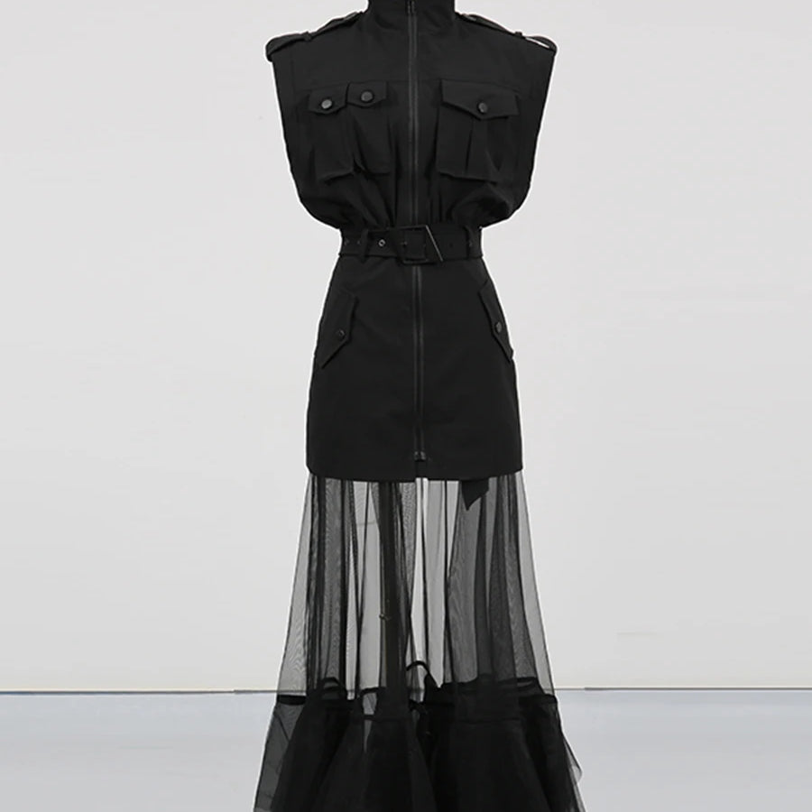 Solid Sheer Spliced Mesh Folds Dress for Women Round Neck Sleeveless Patchwork Zipper elegant Dress Female Fashion BLACK