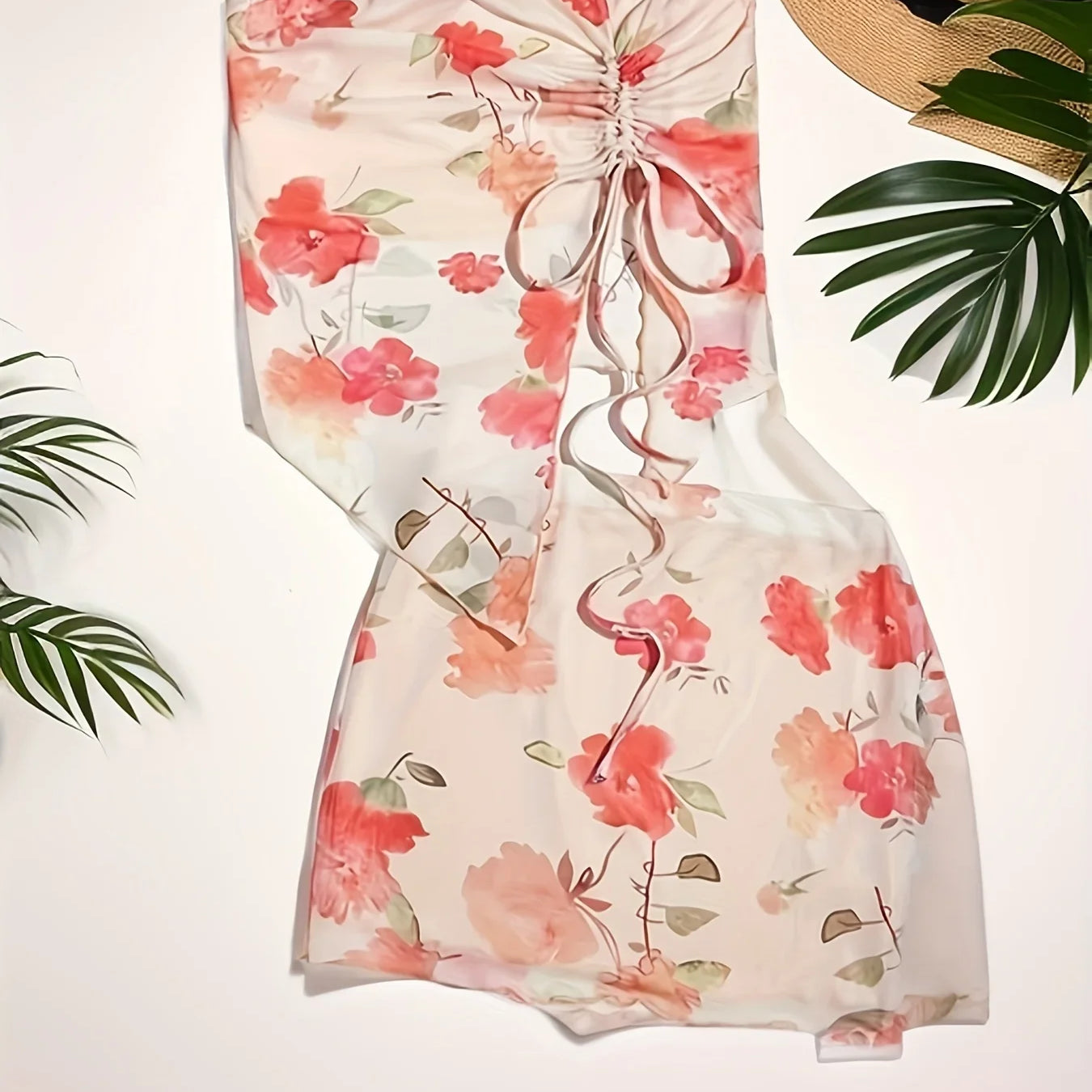 Spring Summer Women's 2 Pieces Mesh Sheer Floral Top-Skirt Set Vacation Wear Breasted Suits Casual Beachwear Orange