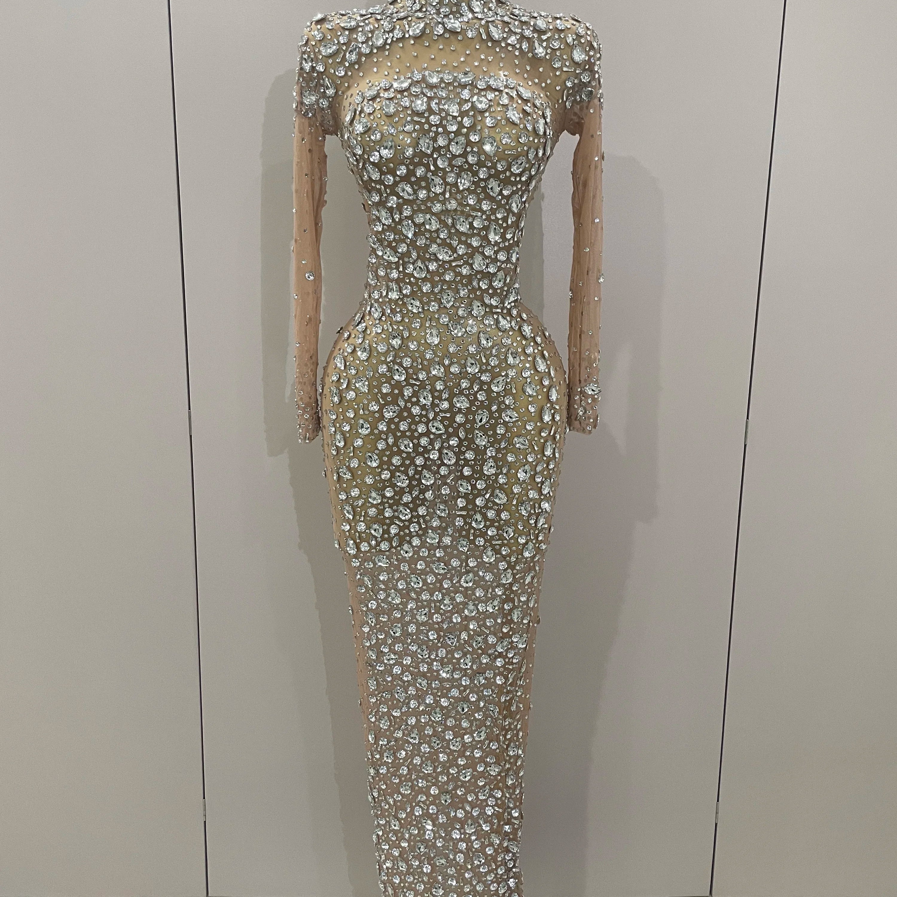 Sparkly Silver Big Rhinestone Sexy Transparent Long Dress 2025 Women Evening Birthday Party Celebrate Club Dancer Stage Costume Silver