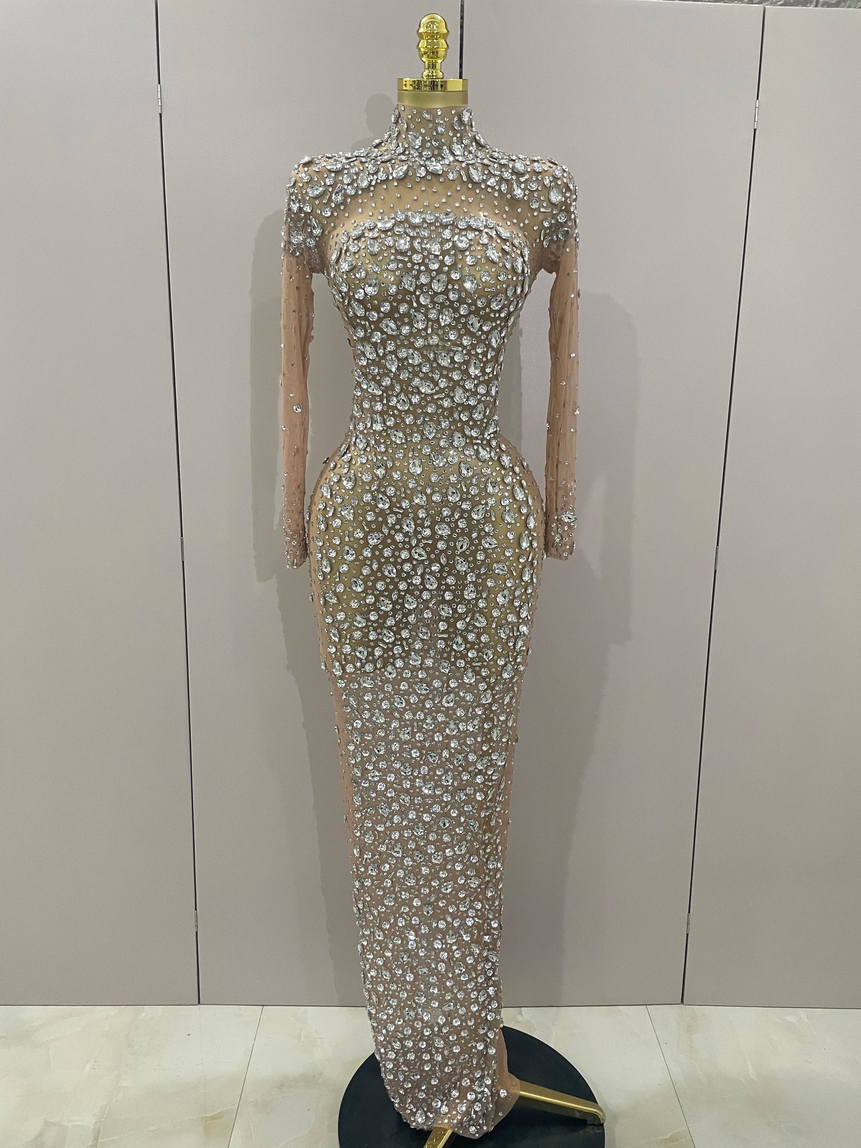 Sparkly Silver Big Rhinestone Sexy Transparent Long Dress 2025 Women Evening Birthday Party Celebrate Club Dancer Stage Costume Silver