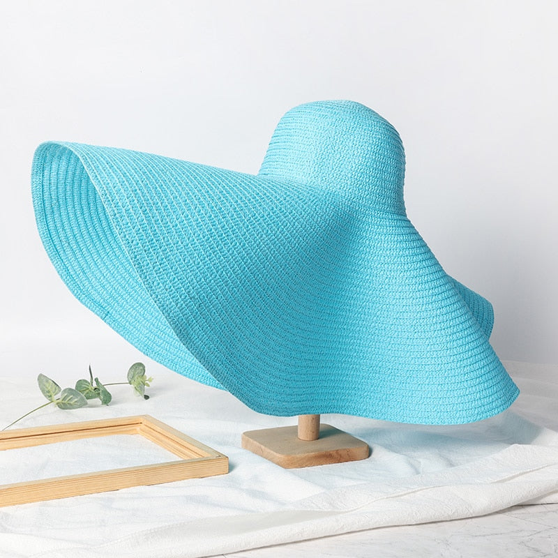 Summer 70cm Large Wide Brim Sun Hats For Women Oversized Beach Hat Foldable Travel Straw Hat Lady UV Protection Sun Shade Hat light blue 54-57cm
