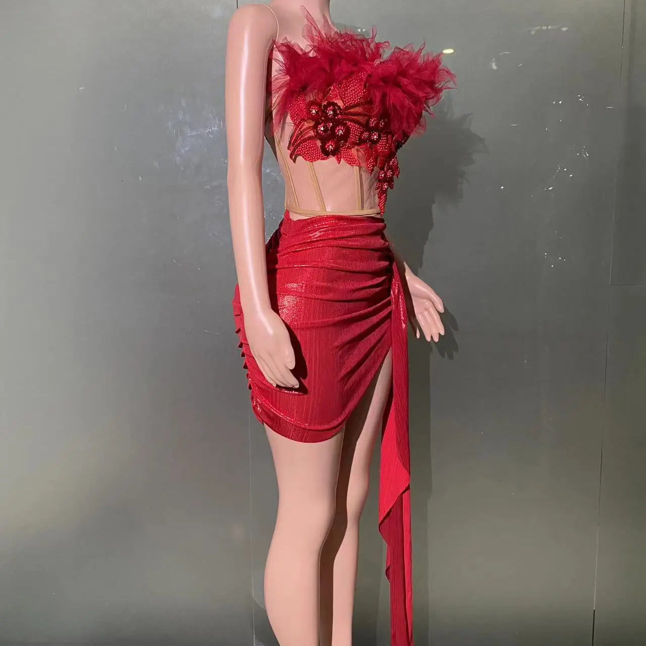 Christmas Style Women Sexy 2 Pieces Beading Draped Bodycon Mini Dress Nightclub Party Celebrate Bar Singer Performance Costume