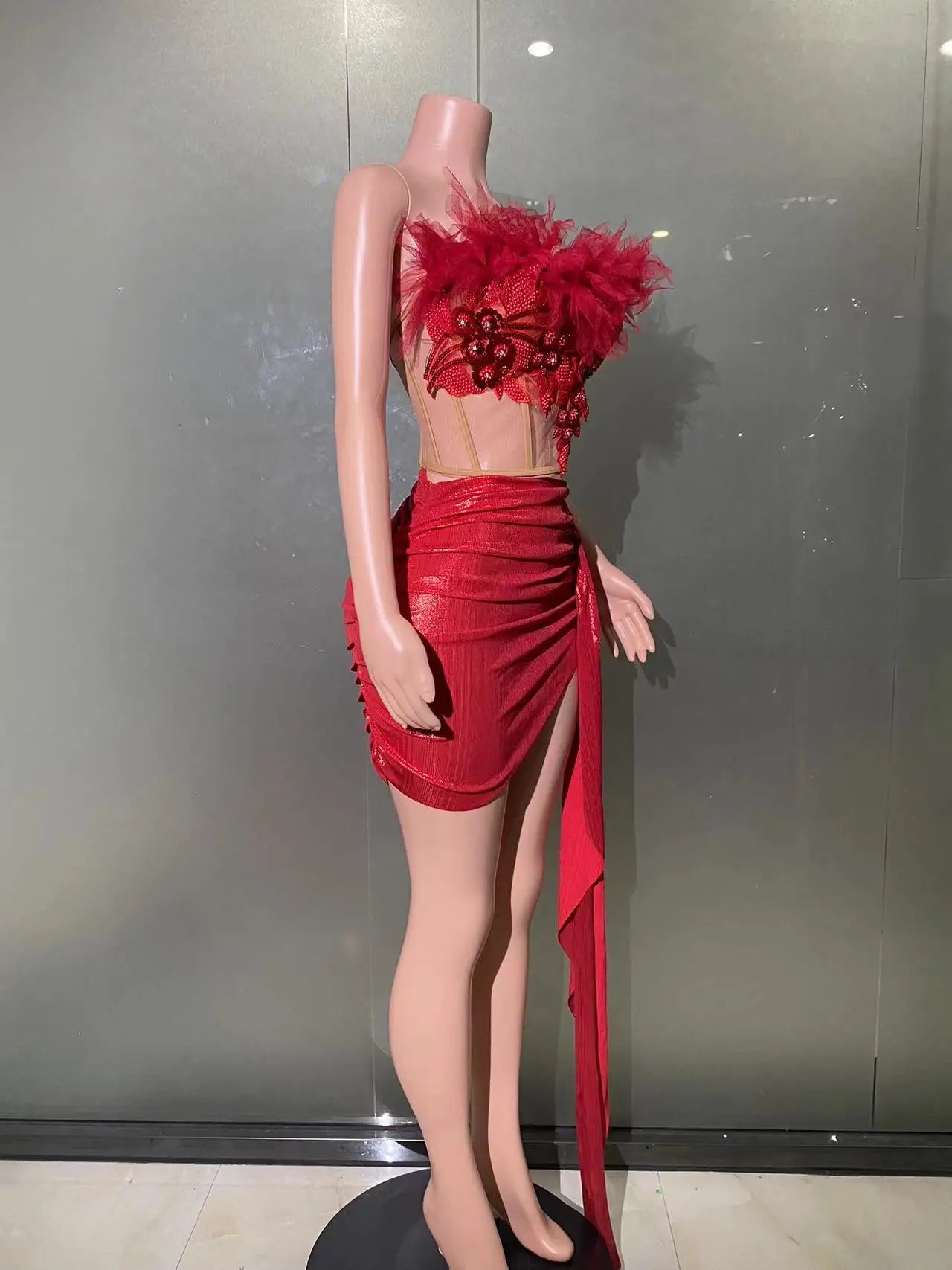 Christmas Style Women Sexy 2 Pieces Beading Draped Bodycon Mini Dress Nightclub Party Celebrate Bar Singer Performance Costume