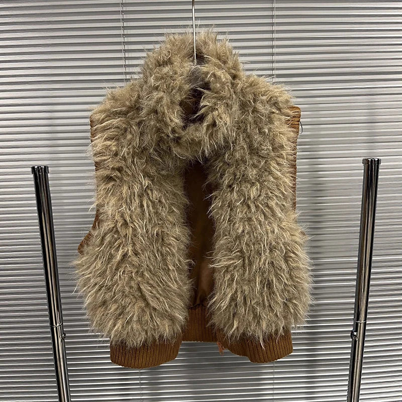 Autumn Winter New Versatile Style Sleeveless Simple Furry Vest For Women Stand Collar Zipper Sleeveless Coat 11A07567 Brown
