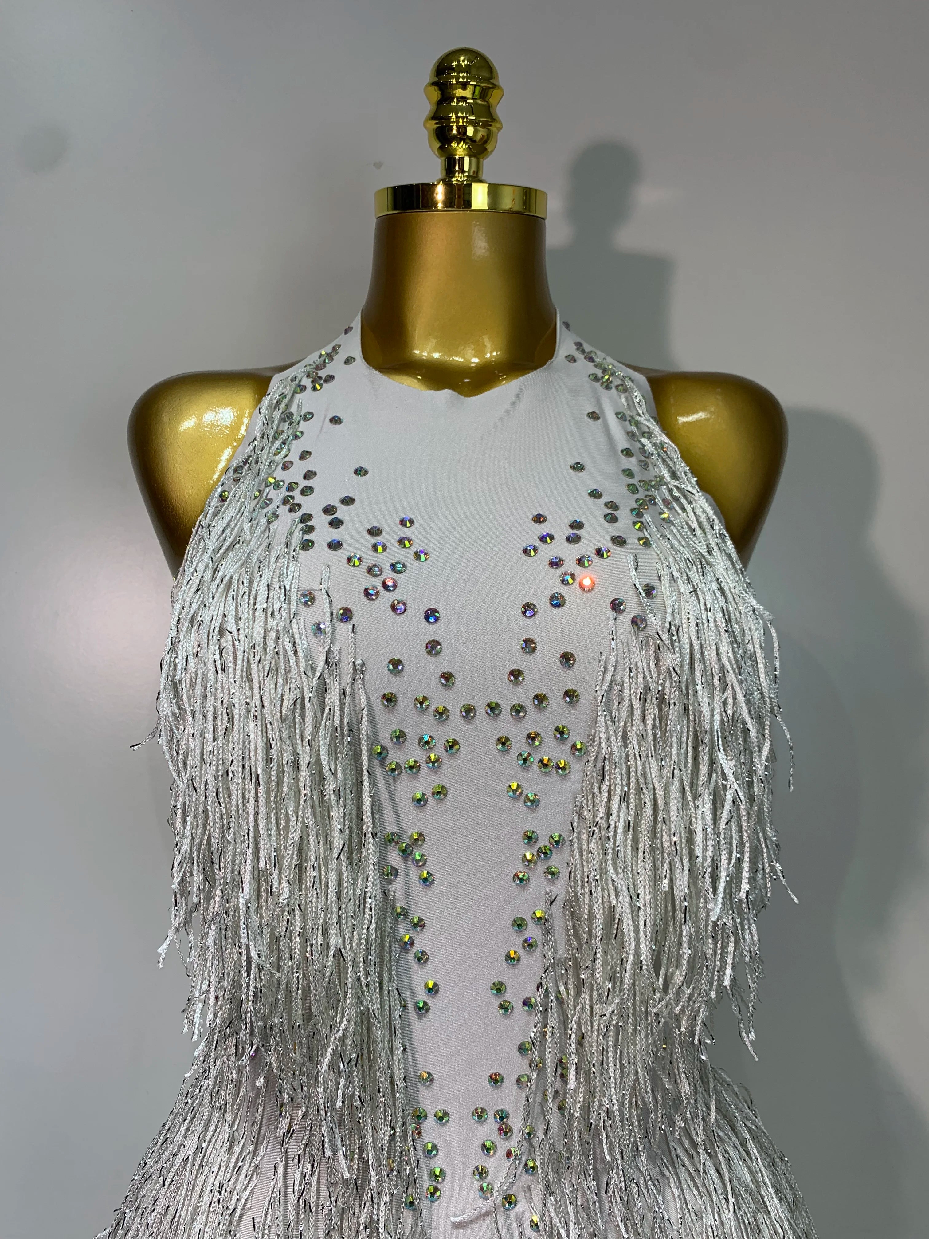 Sparkly Rhinestones Fringes Leotard Women Nightclub Evening Party Outfit Dance Costume Stage Outfit Sexy Performance Bodysuit