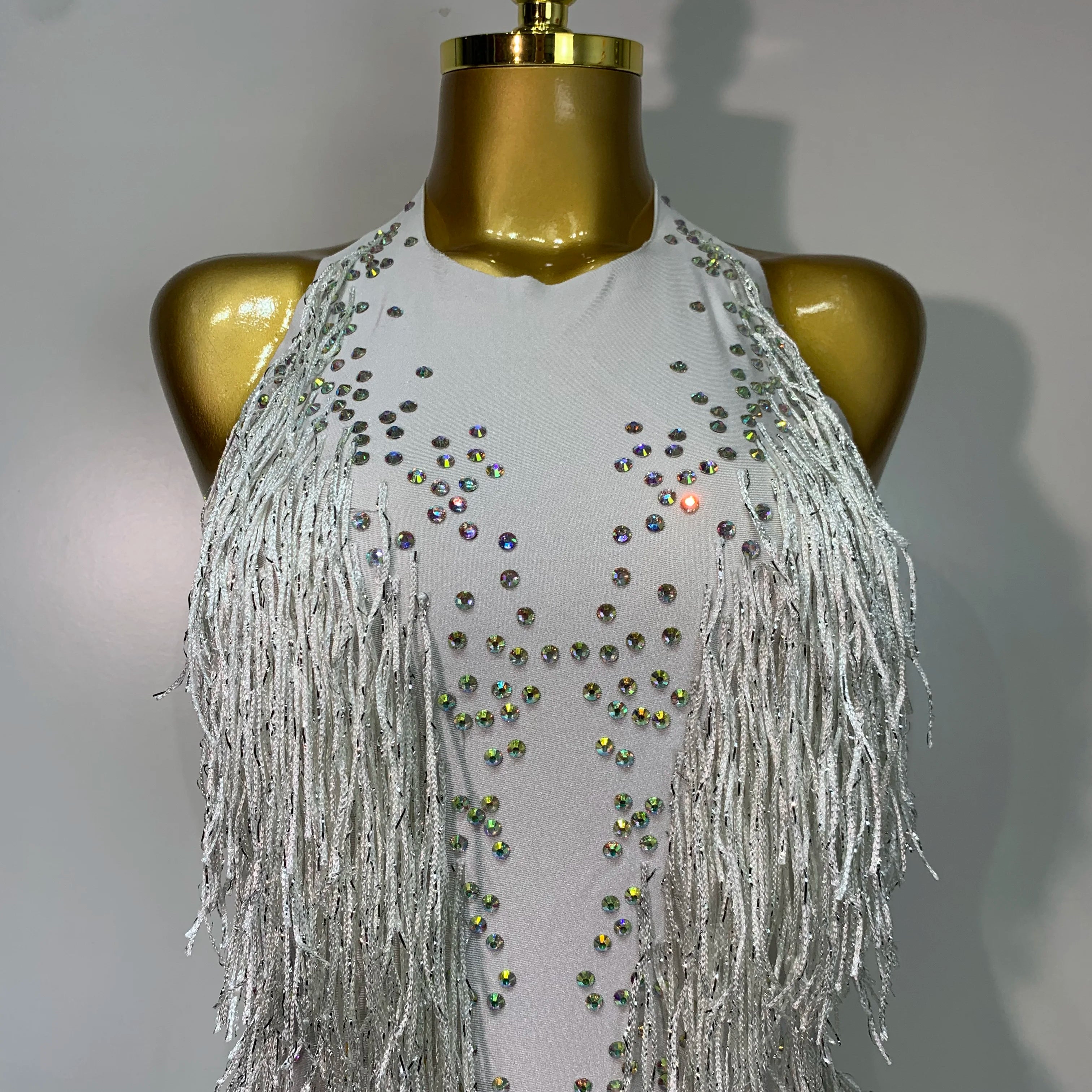 Sparkly Rhinestones Fringes Leotard Women Nightclub Evening Party Outfit Dance Costume Stage Outfit Sexy Performance Bodysuit