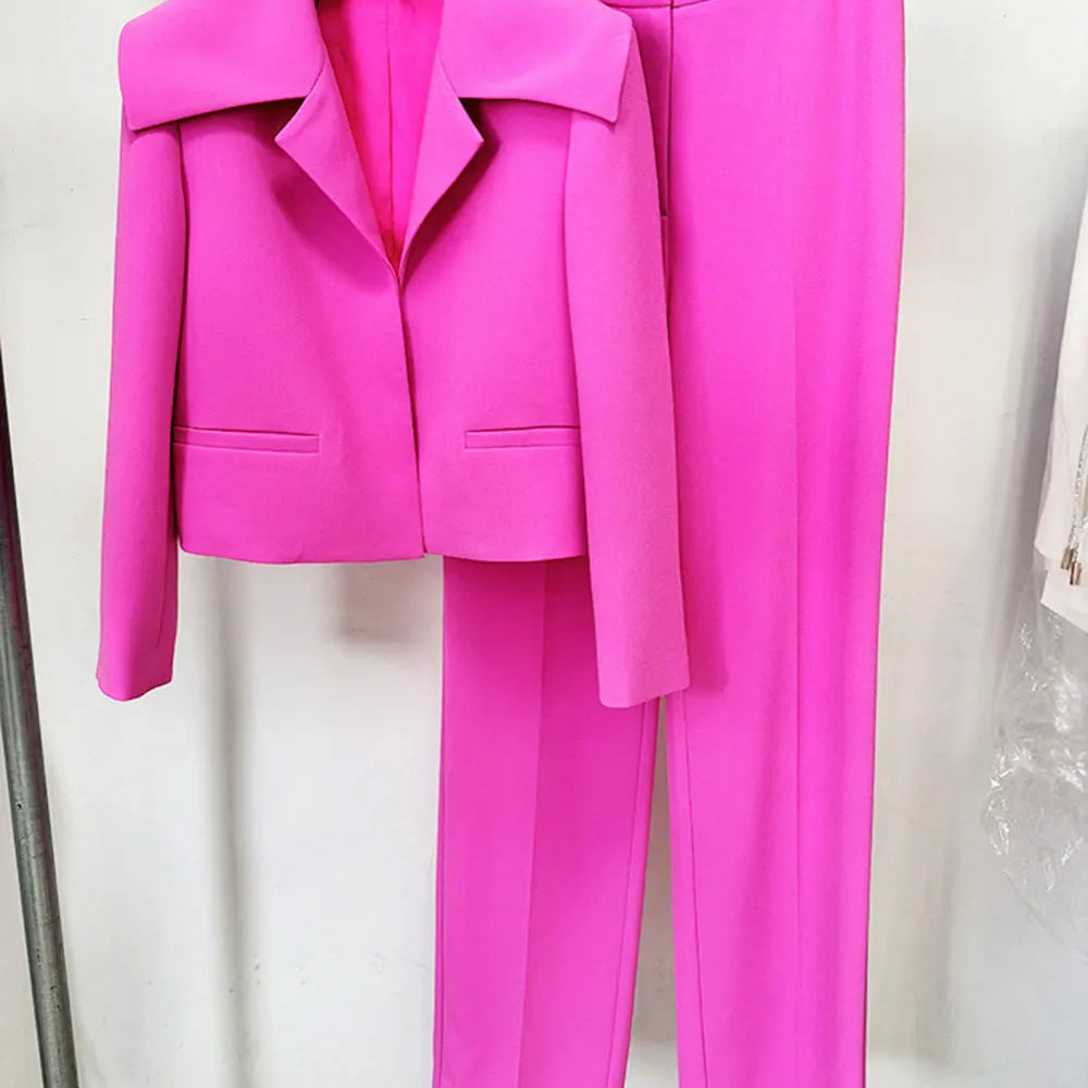 2024 Elegant Women's Light Luxury Suit Pants Set with Large Collar Long Sleeve Slim Fit Short Suit Coat and Pants Two Piece Set Deep Pink