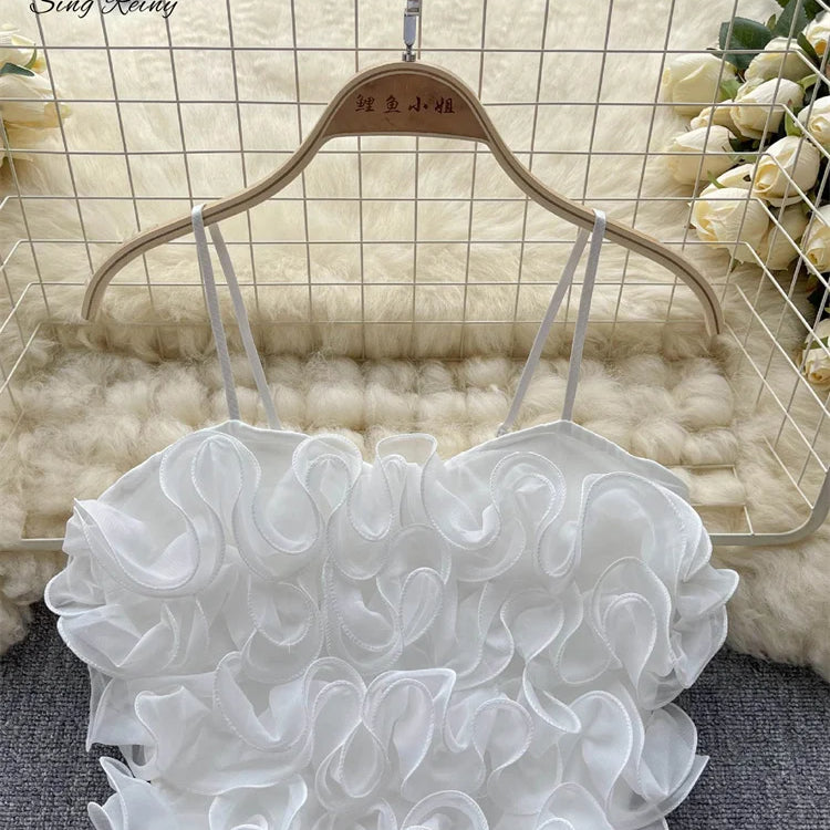 SINGREINY French Style Sheath Solid Sexy Camisole Female 3D Flowers Elastic Tops Ladies Holiday Short Sweet Streetwear Camis white One Size