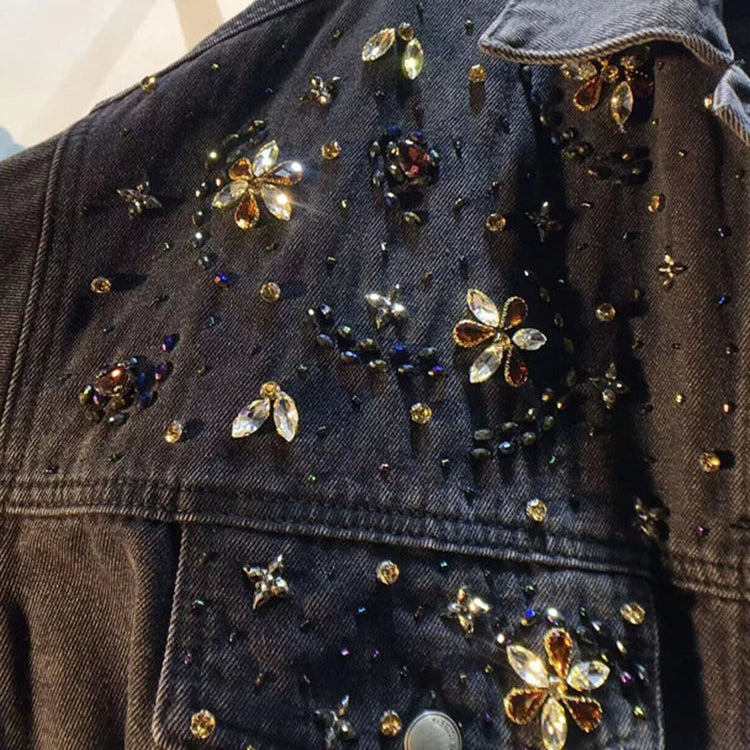 DEAT Women's Denim Coat Wash Black Beading Flowers Diamonds Patchwork Loose Long Sleeve Jackets Summer New Fashion 29L3587