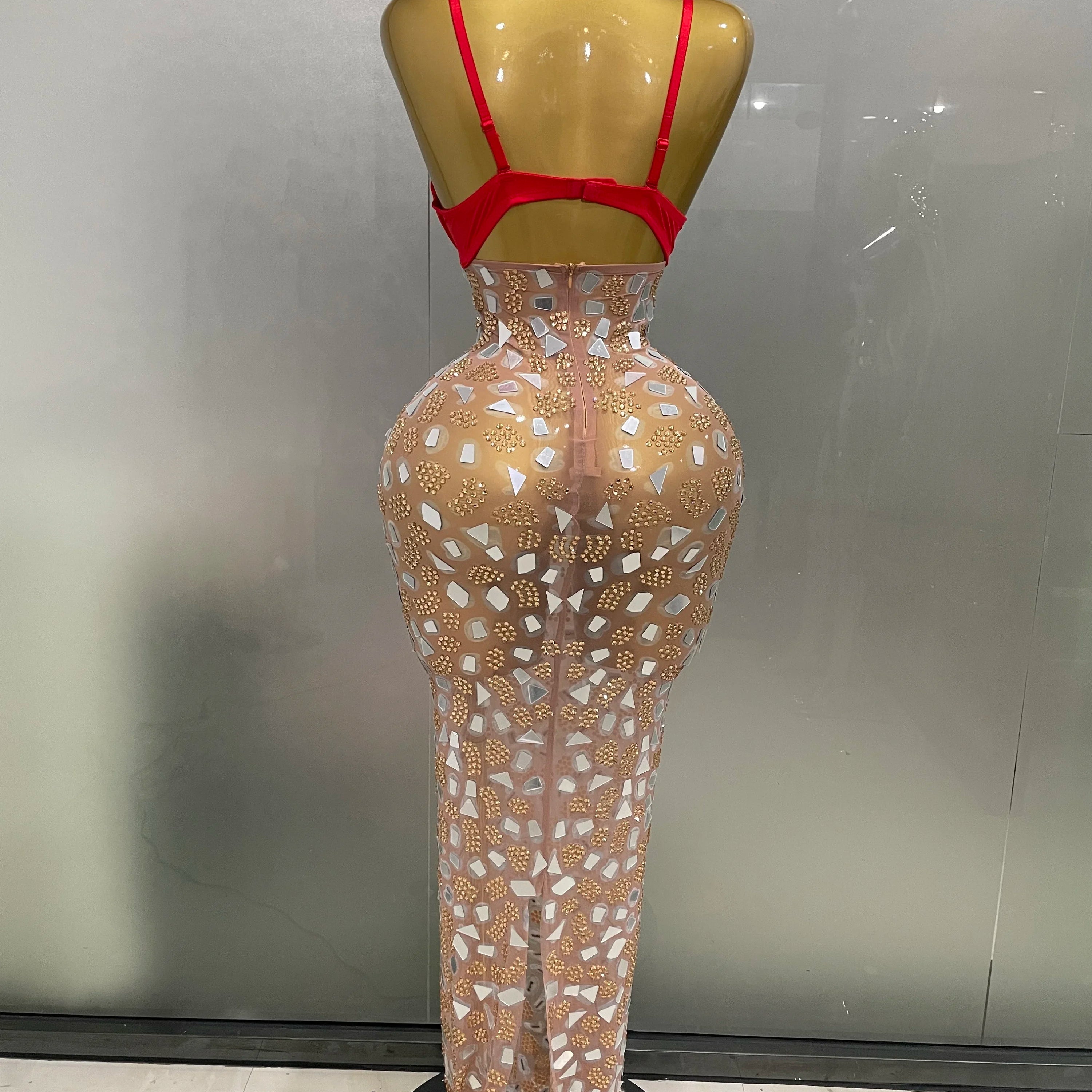 Sexy Sparkly Rhinestones Mesh Mirrors Red Roses Long Dress 2025 New Women Elegant Evening Party Club Stage performance Costume