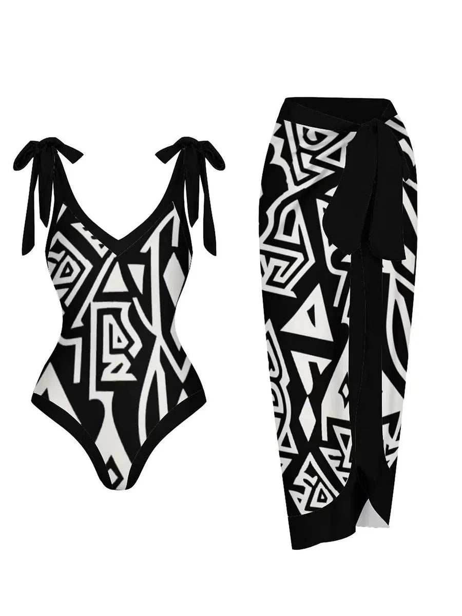 String One Piece Swimsuit & Vent Skirt Padded Sexy Swimwear Women Bathing Suit Female Swimming Summer Beachwear Bodysuit Black2