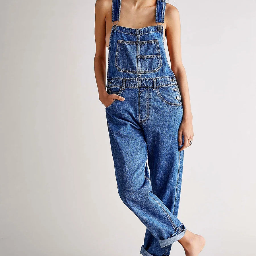 Women Vintage Retro Denim Long Jumpsuit Casual Spaghetti Strap Straight Romper Suspender Pants Summer Baggy Bib Loose Overalls