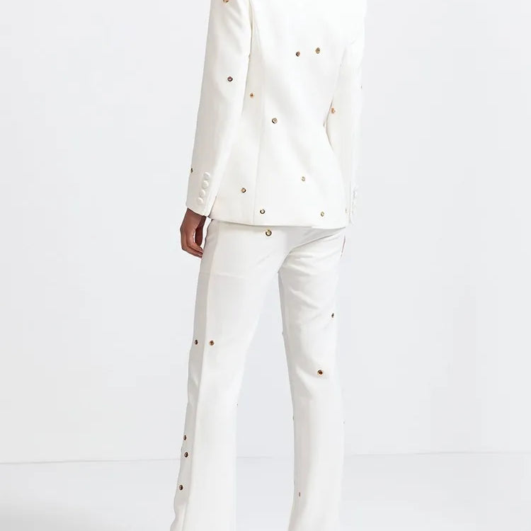 Casual Hollow Out Two Piece Sets For Women Notched Collar Long Sleeve Blazer High Waist Pant Loose Set Female Style