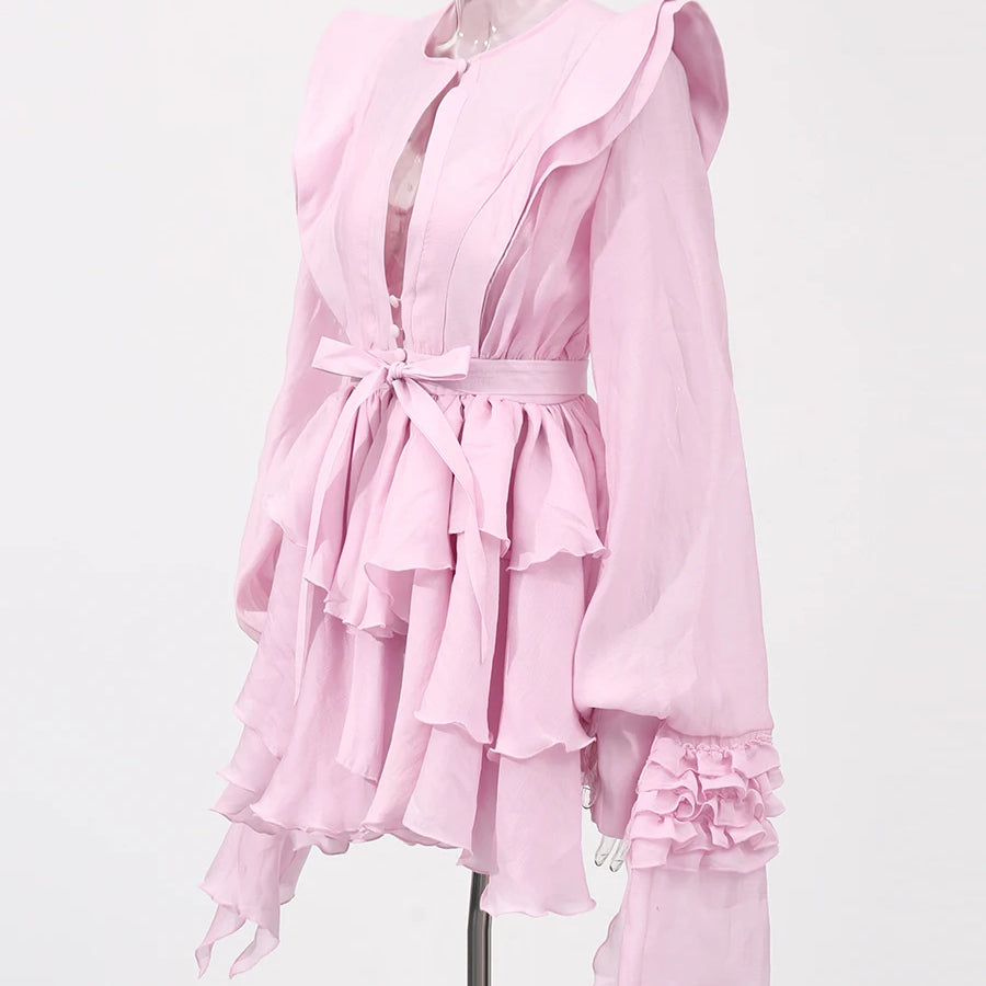 Slimming Spliced Ruffles Folds Dresses for Women Round Neck Long Sleeves Patchwork Button Dress Female Fashion New