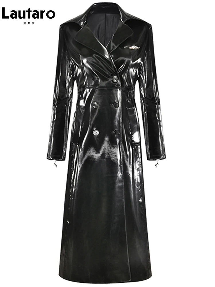 Lautaro Spring Long Shiny Reflective Hard Black Faux Patent Leather Trench Coat for Women Belt Double Breasted Overcoat 2025