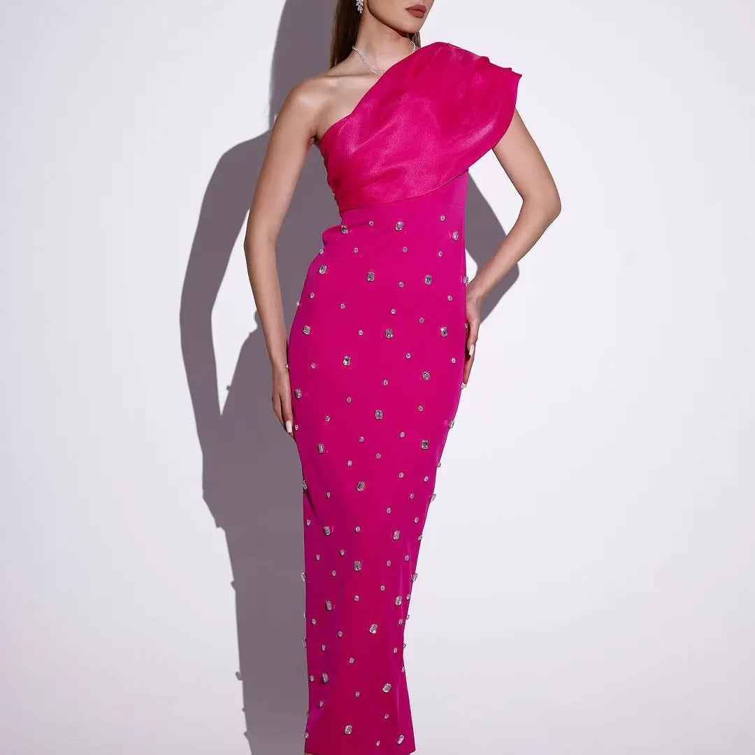 Rosered Black Color Women Sexy One Shoulder Shinning Crystal Bodycon Bandage Long Dress Celebrate Fashion Evening Party Outfit