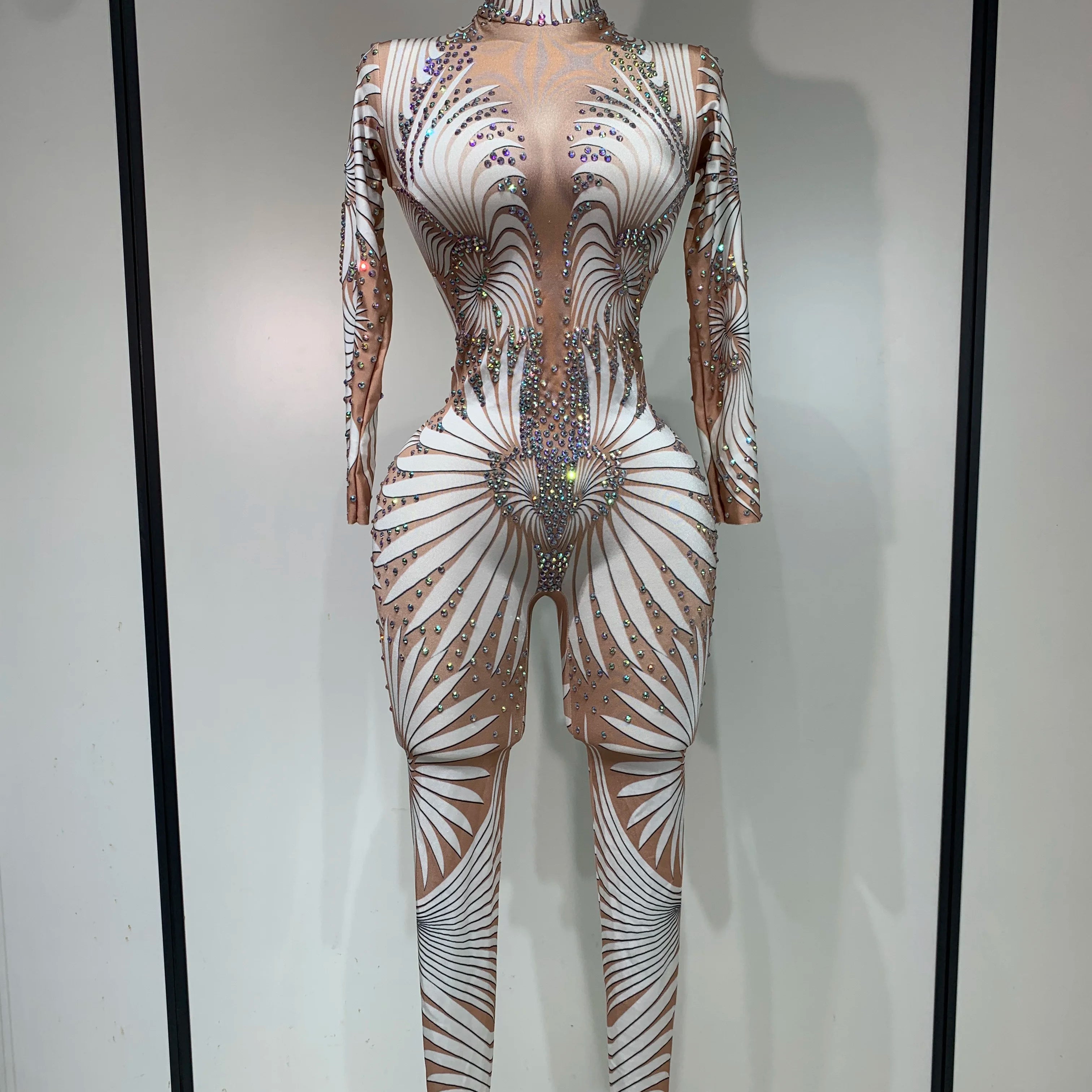 STOCK Sparkly Diamond Women Sexy Mesh Jumpsuit Nightclub Bar Party Show Gogo Dancer Clothing Drag Queen Outfit Stage Costume WHITE