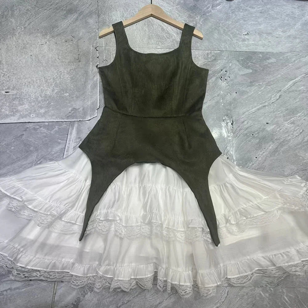 Colorblock Slimming Temperament Dresses for Women Square Neck Sleeveless Patchwork Ruffles Fold Dress Female New GREEN