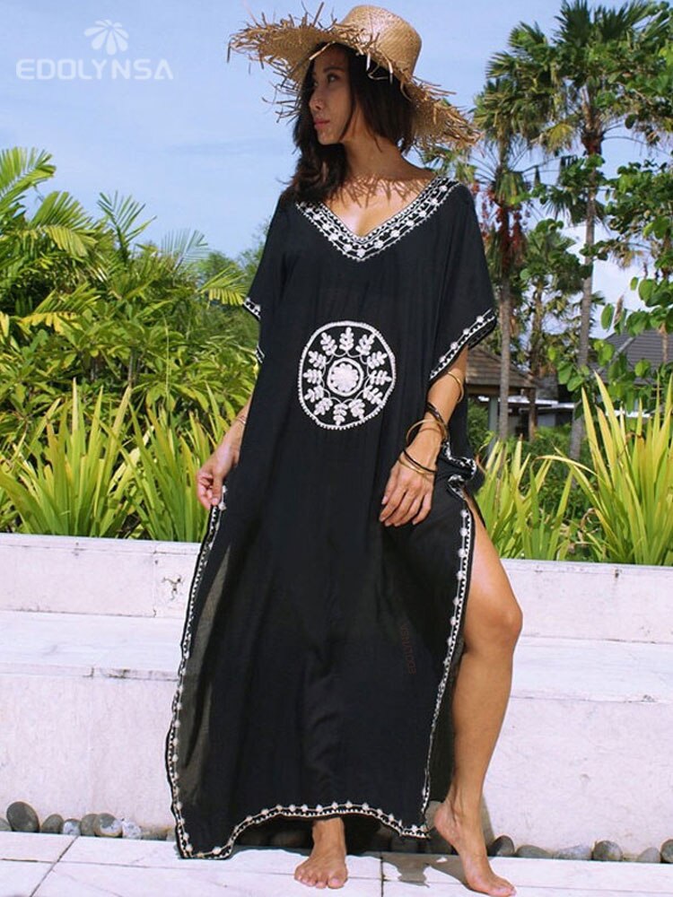 Plus Size Kaftan Tunic Beach Dress Swim Wear Bathing Suit Cover Up 643 Black One Size